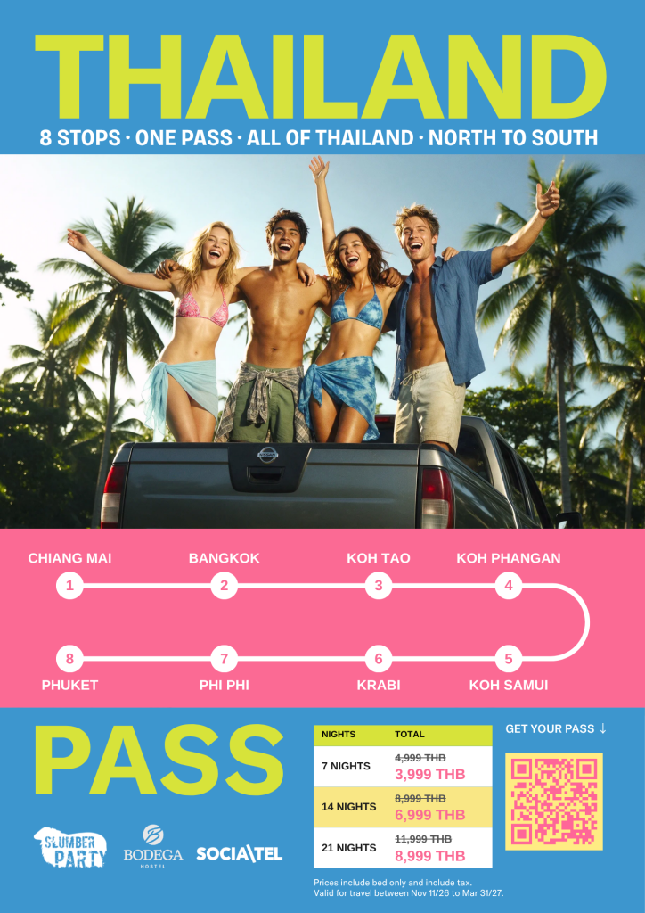 Thailand Pass flyer – 7, 14 or 21 nights in hostel dorms across Thailand